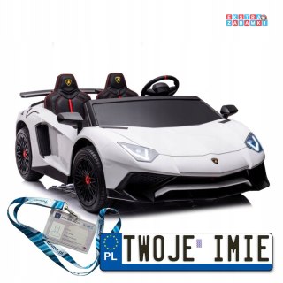Białe Lamborghini XXL A8803 na akumulator - 200W, 24V/14Ah, ekoskóra, koła pompowane, MP3 - [13429]