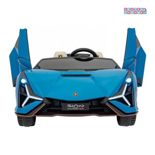 Niebieskie Lamborghini Sian na akumulator - 4x100W, 24V/9Ah, ekoskóra, EVA, MP3, USB, Bluetooth, pasy - [QLS-6988]