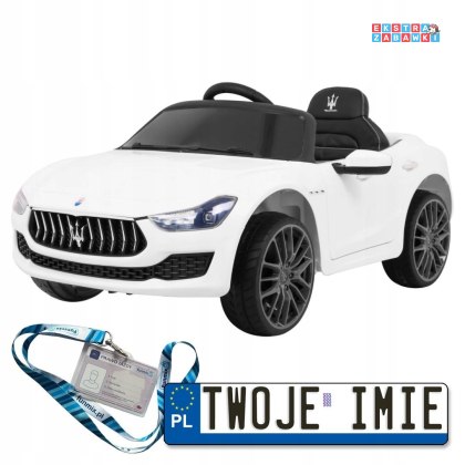 Białe Maserati Ghibli na akumulator - 2x45W, 12V/7Ah, pilot, Wolny Start, EVA, MP3, LED - [SL631]
