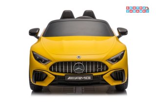 Żółty Mercedes AMG SL63 na akumulator - 2x200W, 24V/7Ah, ekoskóra, EVA, LED, USB, MP3, pasy - [16878]