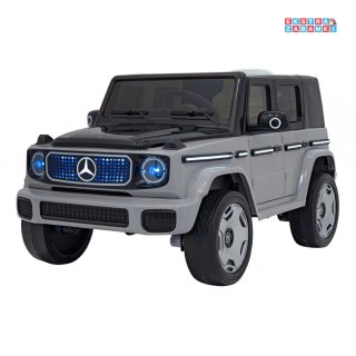 Szary Mercedes Benz EQG na akumulator - Ekoskóra, EVA, Mp3, Bluetooth, Pasy
