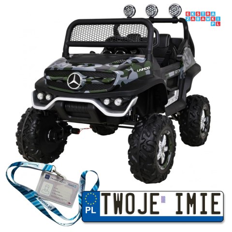 [JL199] Mercedes Benz Unimog lakierowany na akumulator 4x35W 12V/10Ah Pilot Wolny Start MP3 LED - moro