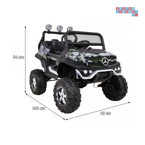 [JL199] Mercedes Benz Unimog lakierowany na akumulator 4x35W 12V/10Ah Pilot Wolny Start MP3 LED - moro