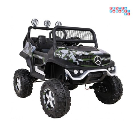 [JL199] Mercedes Benz Unimog lakierowany na akumulator 4x35W 12V/10Ah Pilot Wolny Start MP3 LED - moro