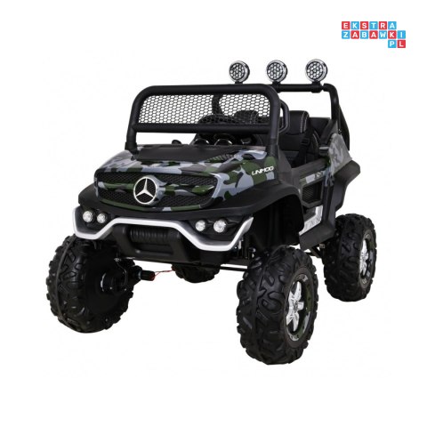 [JL199] Mercedes Benz Unimog lakierowany na akumulator 4x35W 12V/10Ah Pilot Wolny Start MP3 LED - moro