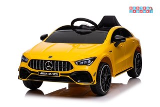 Żółty Mercedes CLA 45S AMG na akumulator - 4x45W, 12V/7Ah, Lakier, Ekoskóra, EVA, MP3, USB, LED - [19785]
