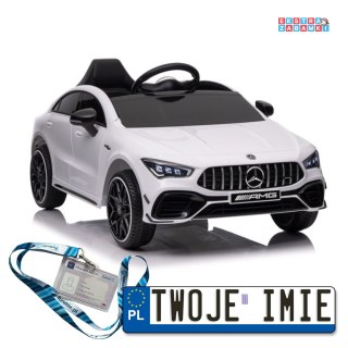 Białe Mercedes CLA 45S AMG na akumulator - 4x4, Ekoskóra, EVA, MP3, USB, LED