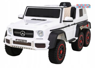 Białe Mercedes G63 AMG na akumulator - Pilot, 6 kół EVA, Wolny Start, MP3, LED