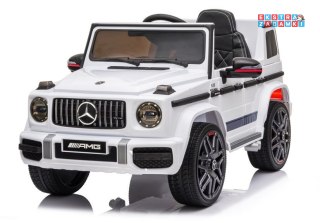 Biały Mercedes G63 AMG na akumulator - 2x45W, pilot, Ekoskóra, EVA, LED