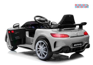 Srebrny Mercedes GTR na akumulator - 2x45W, 12V/4.5Ah, Pilot, Ekoskóra, EVA, LED - [3870]