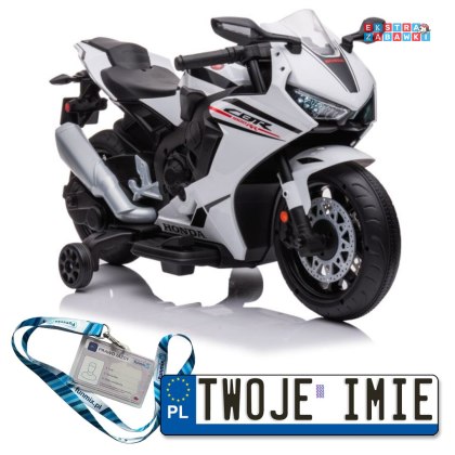 Biały Motor Honda CBR 1000RR na akumulator - 1x45W, 12V/3.5Ah, LED, melodie i klakson - [13556]