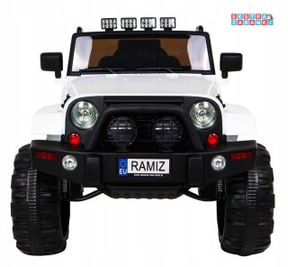 Biała Terenówka Jeep All Terrain na akumulator - 2x45W, 12V/7Ah, z Pilotem, Światła, Dźwięki - [BDM0905]