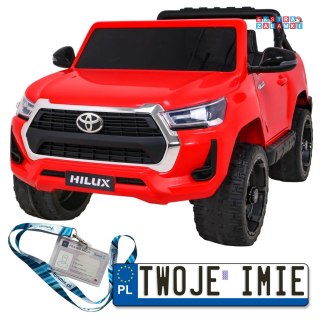 Czerwony Toyota Hilux na akumulator - 4x45W, 12V/14Ah, ekoskóra, EVA, panel audio - [DK-HL860]
