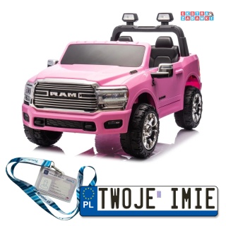 Różowe Auto Ram 3500 na akumulator - 2x200W, 24V/7Ah, ekosóra, EVA, LED, bluetooth - [JJ2599]