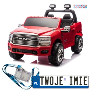 Czerwone Auto Ram 3500 na akumulator - 2x200W, 24V/7Ah, ekosóra, EVA, LED, bluetooth - [JJ2599]