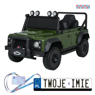 Zielony Land Rover Defender 110 SVX Concept na akumulator - 2x100W, 24V/7Ah, EVA, bluetooth, ekoskóra - [QLS-8605]