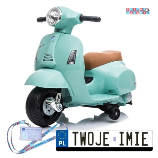 Miętowy Motor skuter VESPA na akumulator - 30W 6V/4.5Ah, skórzane siedzenia, licencjonowany