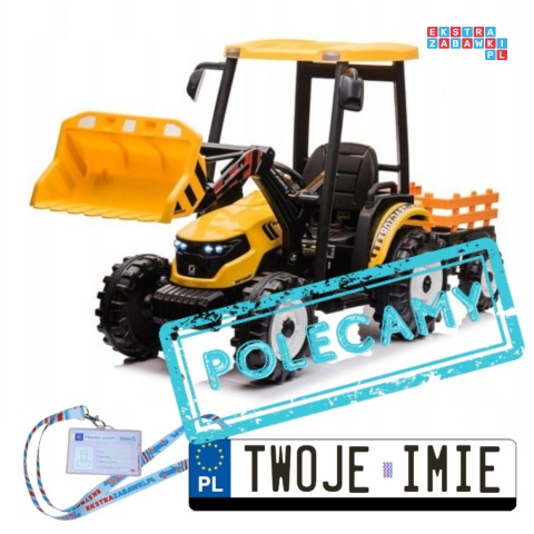 [JS3158B] Mega traktor D68 2x200W 24V/10Ah z łyżką i przyczepką ekoskóra, pilot, LED - żółty [S]