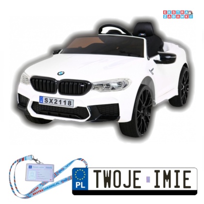 BMW M5 na akumulator - biały, 24V/7Ah, funkcja drift, pilot, siedzenie z PU, LED [SX2118]