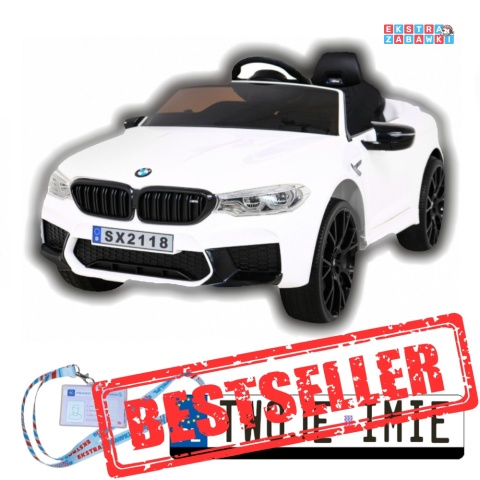 Białe BMW M5 na akumulator - 2x2 24V/7Ah, funkcja drift, pilot, siedzenie z PU, LED - [SX2118]