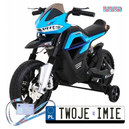 Niebieski Night Rider motor na akumulator - 6V/4Ah, kółkami pomocniczymi, MP3, USB, gaz w manetce - [JT5158]