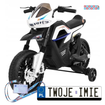 Biały Night Rider motor na akumulator - 6V/4Ah, kółkami pomocniczymi, MP3, USB, gaz w manetce - [JT5158]