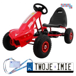 [A18] Gokart Champion na pedały dla dzieci 3+ Pompowane opony Regulowane siedzisko Ręczny hamulec - czerwony