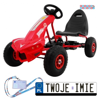 [A18] Gokart Champion na pedały dla dzieci 3+ Pompowane opony Regulowane siedzisko Ręczny hamulec - czerwony