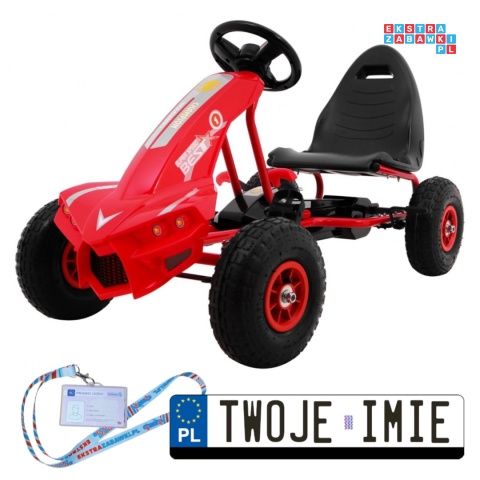 [A18] Gokart Champion na pedały dla dzieci 3+ Pompowane opony Regulowane siedzisko Ręczny hamulec - czerwony
