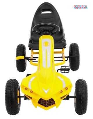 [A18] Gokart Champion na pedały dla dzieci 3+ Pompowane opony Regulowane siedzisko Ręczny hamulec - żółty