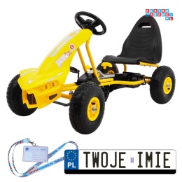 [A18] Gokart Champion na pedały dla dzieci 3+ Pompowane opony Regulowane siedzisko Ręczny hamulec - żółty