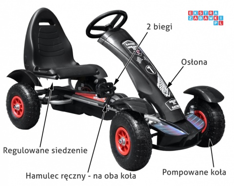 [F618] Gokart na pedały Racing XL dla dzieci 3+ Pompowane koła Regulacja fotela - czarny