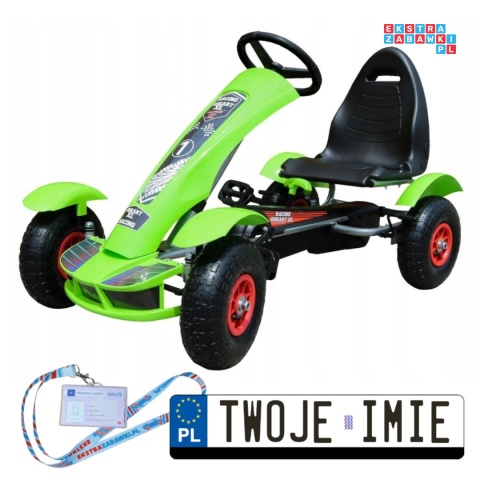 [F618] Gokart na pedały Racing XL dla dzieci 3+ Pompowane koła Regulacja fotela - zielony