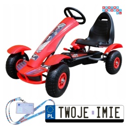 [F618] Gokart na pedały Racing XL dla dzieci 3+ Pompowane koła Regulacja fotela - czerwony