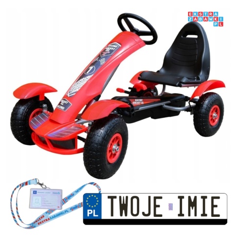 [F618] Gokart na pedały Racing XL dla dzieci 3+ Pompowane koła Regulacja fotela - czerwony