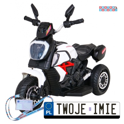 Biały Motor Fast Tourist na akumulator - 1x18W, 6V/4.5Ah, Audio, Światła, Ekoskóra - [BLJ818]