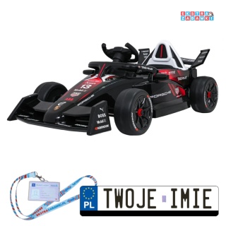 Czarny Bolid Formuły E Porsche na akumulator - 2x35W, 12V/7Ah, EVA, pilot, bluetooth - [PA.711]