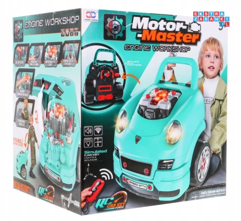 [ZKT.008-977A] Warsztat mechanika samochód sportowy silnik auto do rozkręcania z pilotem - cyjan