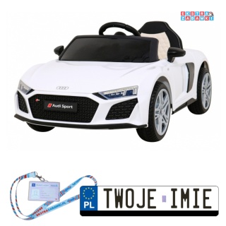 Białe Audi R8 LIFT na akumulator - 2x35W, 12V/7Ah, Pilot, EVA, MP3, LED - [A300]