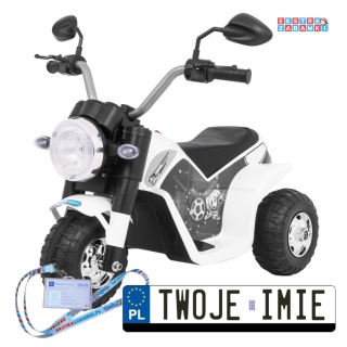 Biały Motorek MiniBike na akumulator - ok.25W, 6V/4.5Ah, Dźwięki, LED, Ekoskóra - [JC916]