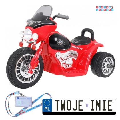 Czerwony Motorek Chopper trójkołowy na akumulator - 1x20W, 6V/4.5Ah, Dźwięki, Światła LED - [JT568]