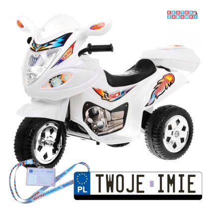 Biały Motorek Trójkołowy BJX-088 na akumulator - 1x18W, 6V/4,5Ah, Dźwięki, Światła - [LL1188]
