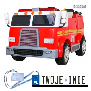 Czerwony Wóz straż pożarna na akumulator - 2x45W, 12V/10Ah, pilot, Armatka, Megafon, Kogut strażacki - [LL911]