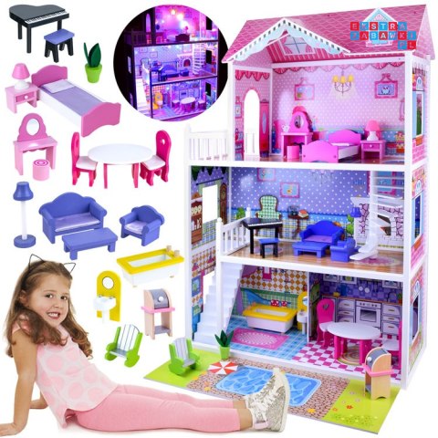 [ZA2122] Duży drewniany domek dla lalek meble basen oświetlenie LED