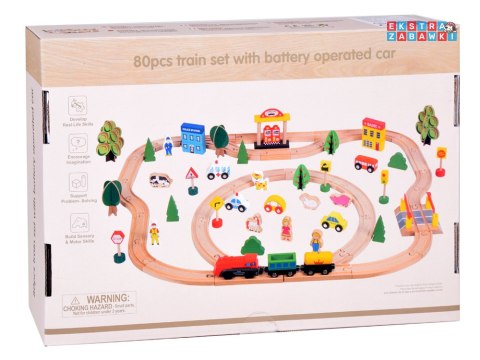 [ZA3573] Duży zestaw kolejka drewniana lokomotywa na baterie figurki 80 el.