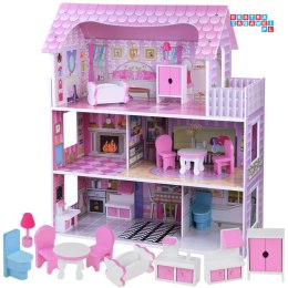 [ZA4130] Różowy drewniany domek dla lalek mebelki oświetlenie LED