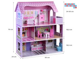 [ZA4130] Różowy drewniany domek dla lalek mebelki oświetlenie LED