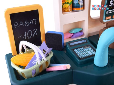 [ZA4279] Supermarket sklep spożywczy kasa fiskalna 71 el. akcesoria dźwięk