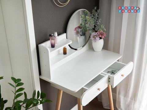 [ZA4820] Biała toaletka z lustrem taboret szuflady styl skandynawski