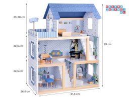 [ZA5273] Drewniany błękitny domek dla lalek mebelki 3 piętra teras
